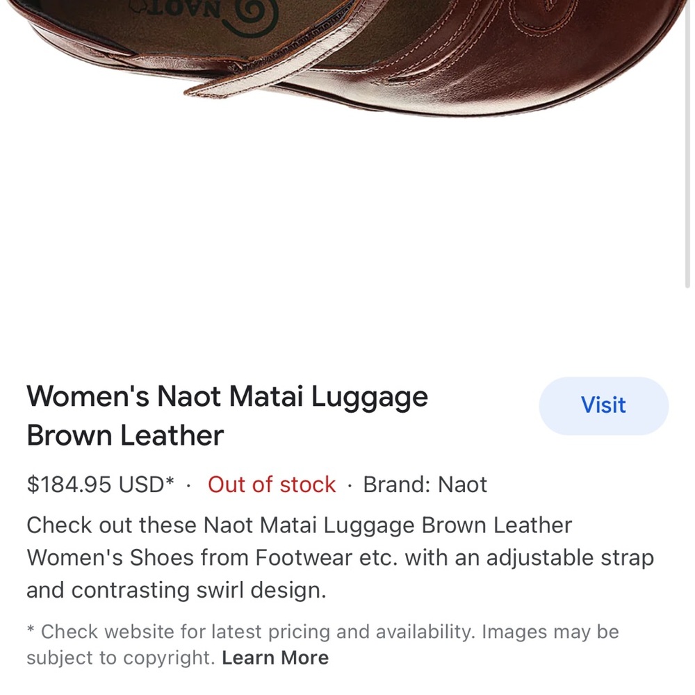 Women's Naot Matia Luggage Brown Leather Mary Jane Shoes Size 37 (US 6-6… - Picture 9 of 9
